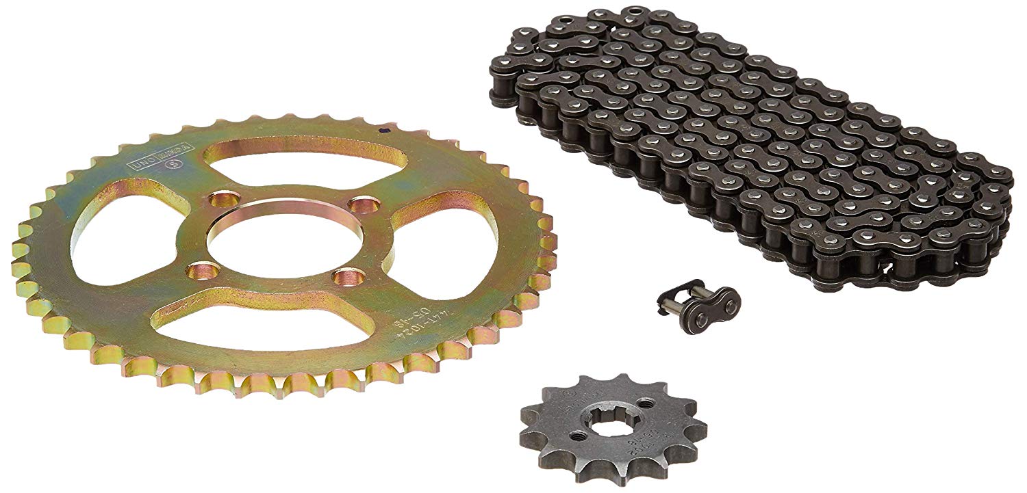 Uno Minda CH-1024 Quadra Rivet Chain & Alloy Steel Hardened Sprockets Chain & Sprocket Kit - R428 SIZE-112L / 13T / 44T(4H) For Bajaj Champion, Boxer 